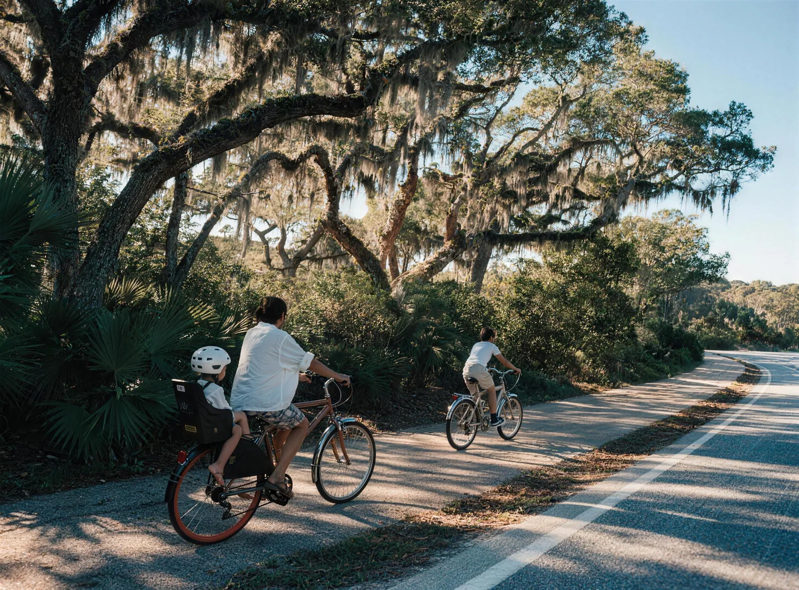 Family riding beach cruiser bikes on a shaded paved path beside the coastal road, small child in a rear bike seat