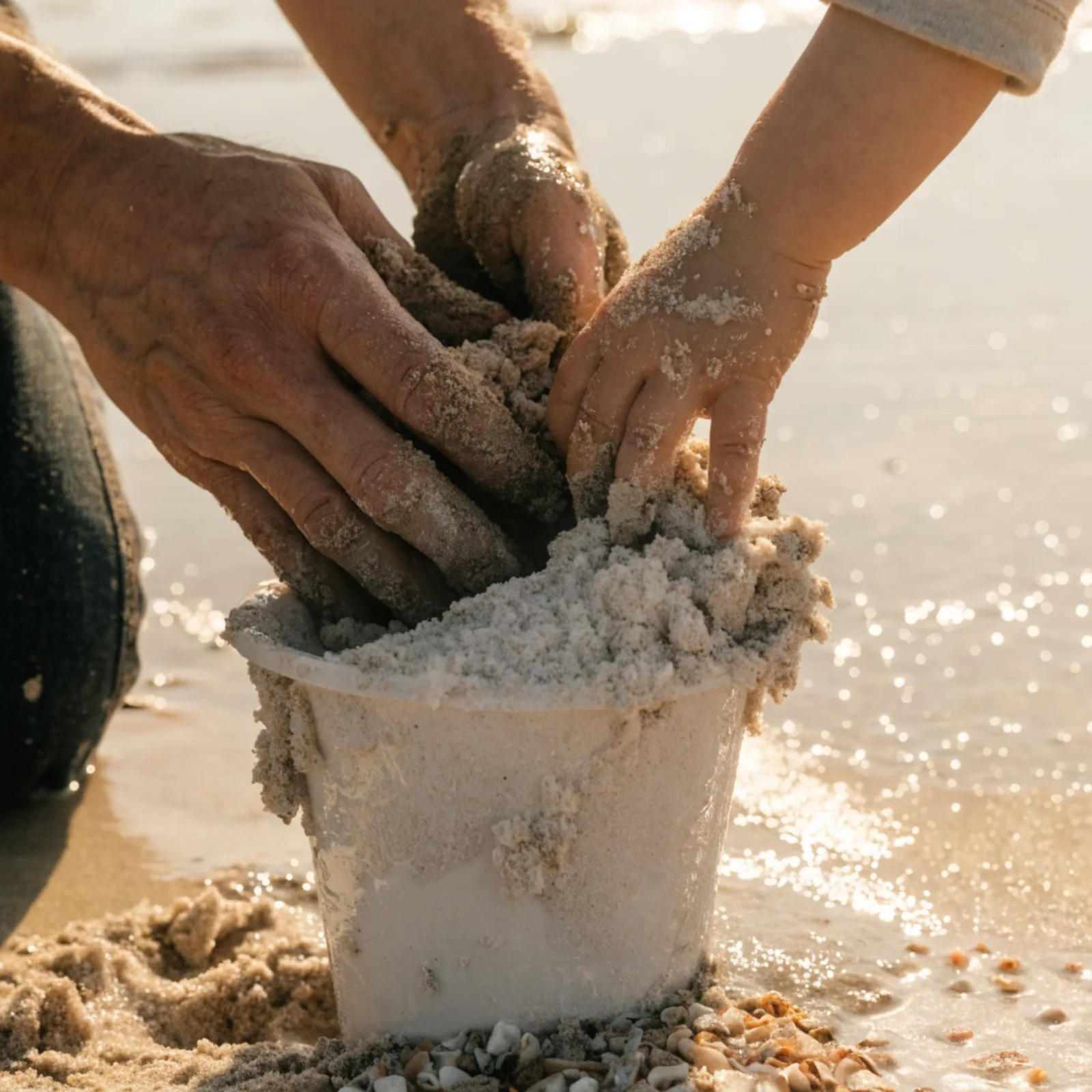 A parent's and a toddler's sandy hands packing wet sand into a bucket at the tide line