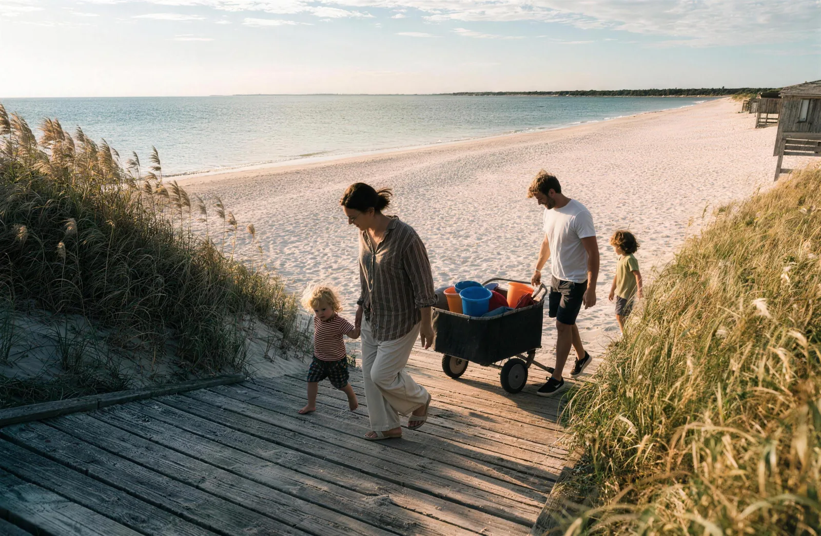 Parents and two small kids walking a dune boardwalk toward the sand, dad pulling a loaded beach wagon
